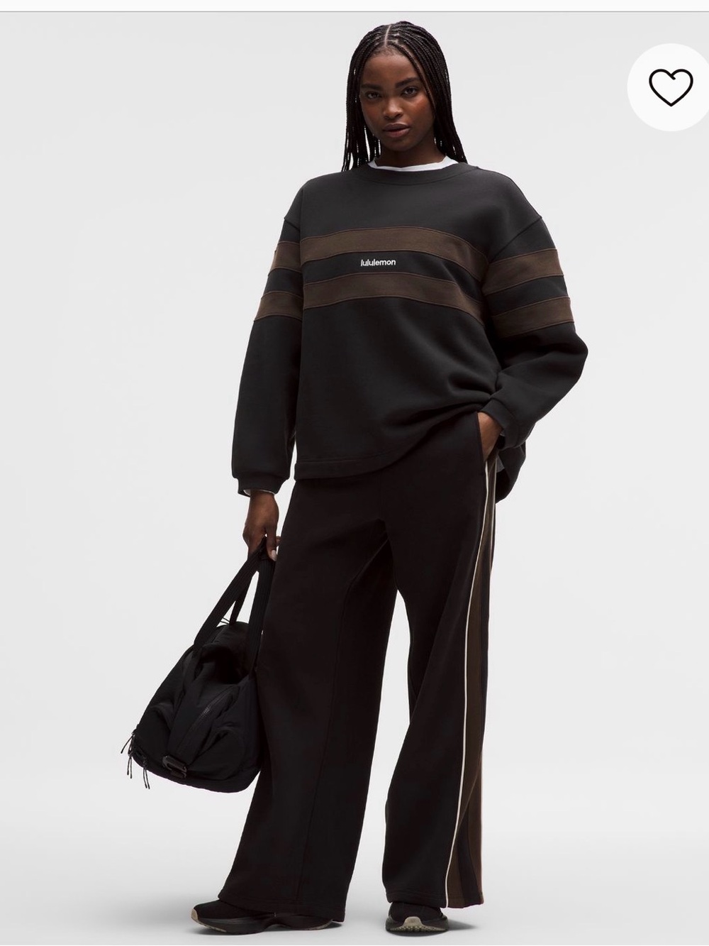lululemon steady state pullover stripe Black Crewneck Sweater with Brown Stripes